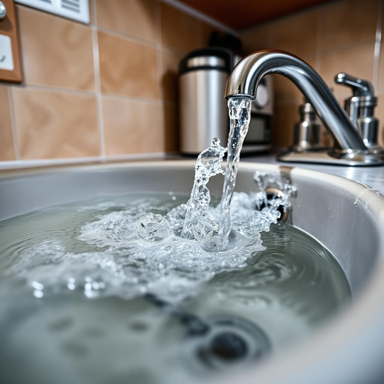 Blocked kitchen sink overflowing with water
