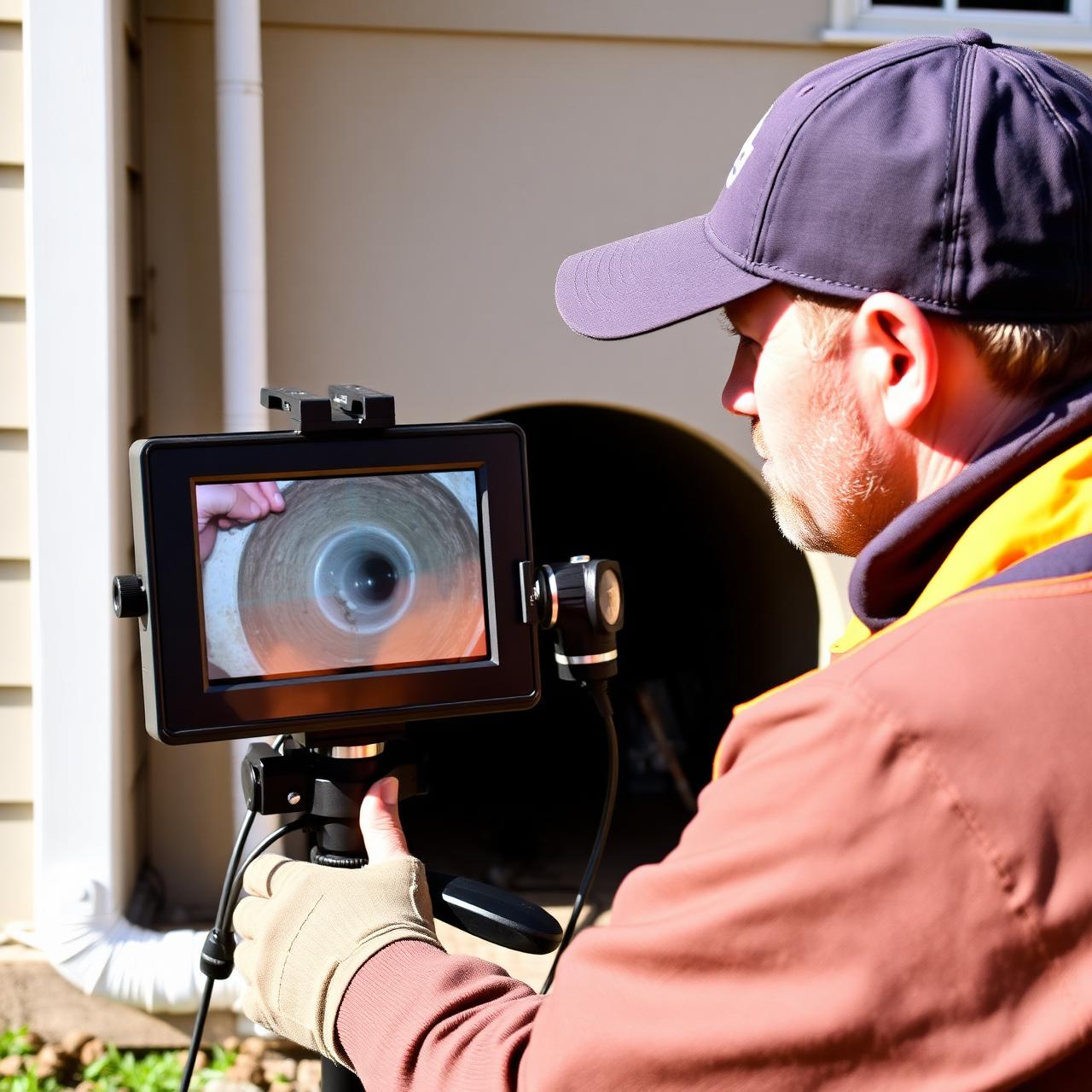 Plumber using CCTV drain camera to inspect a sewer line