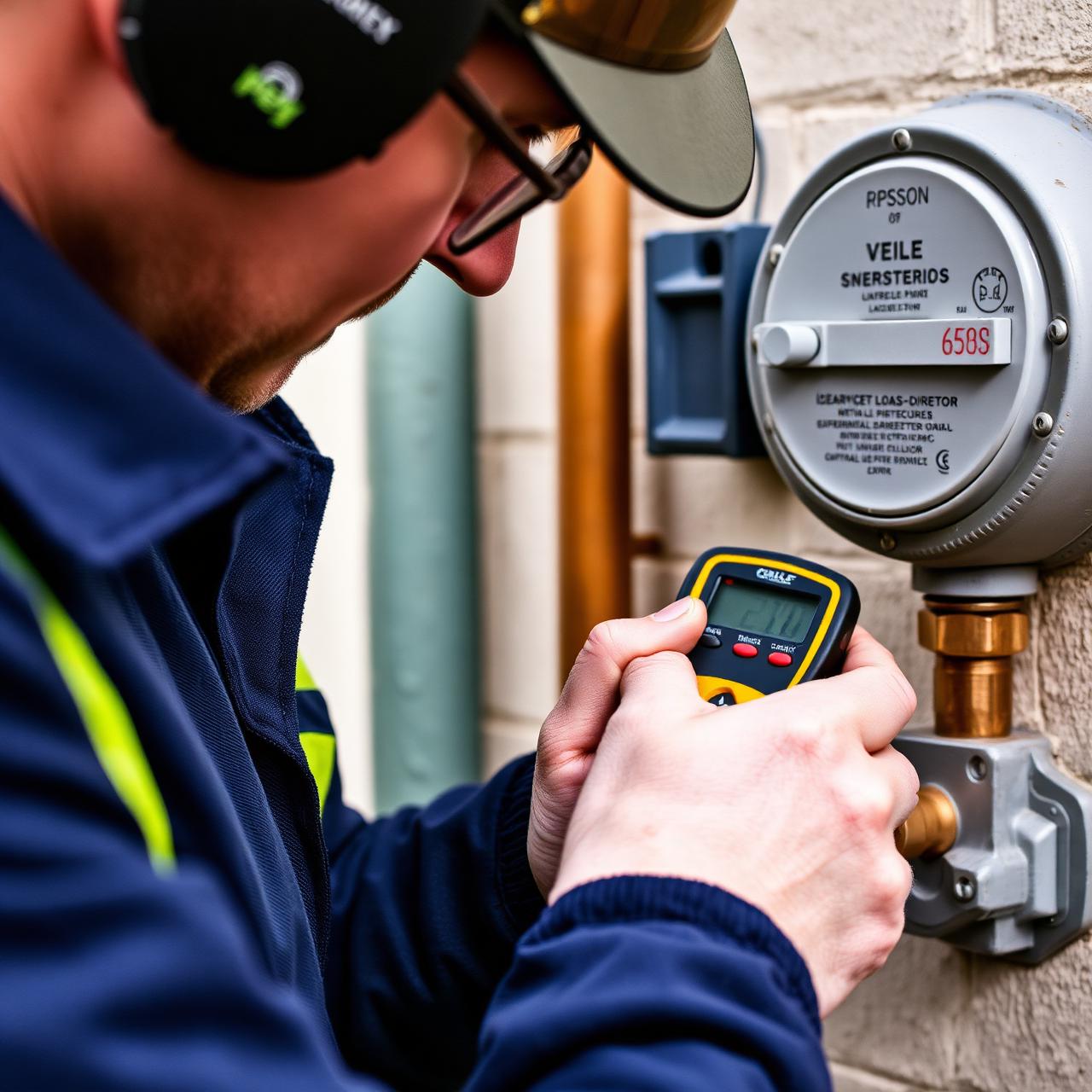 Gas fitter testing a gas line with electronic leak detector
